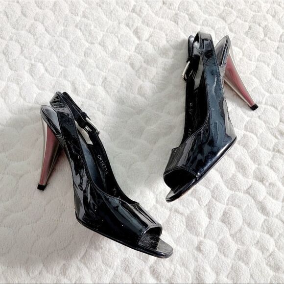 Stuart Weitzman slingback peeptoe heels two tone silver black pumps 7.5 - Picture 1 of 8